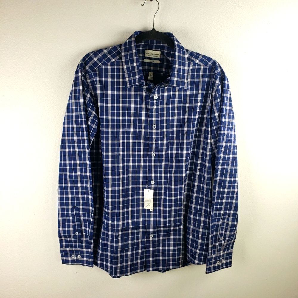 Men's NWT Lucky Brand Slim Fit Blue Plaid Button Long Sleeve Shirt Sz L 16/16.5